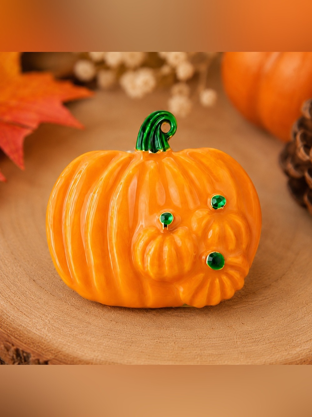 Festive Pumpkin Brooch Pin Orange Enamel Rhinestone Fall Harvest